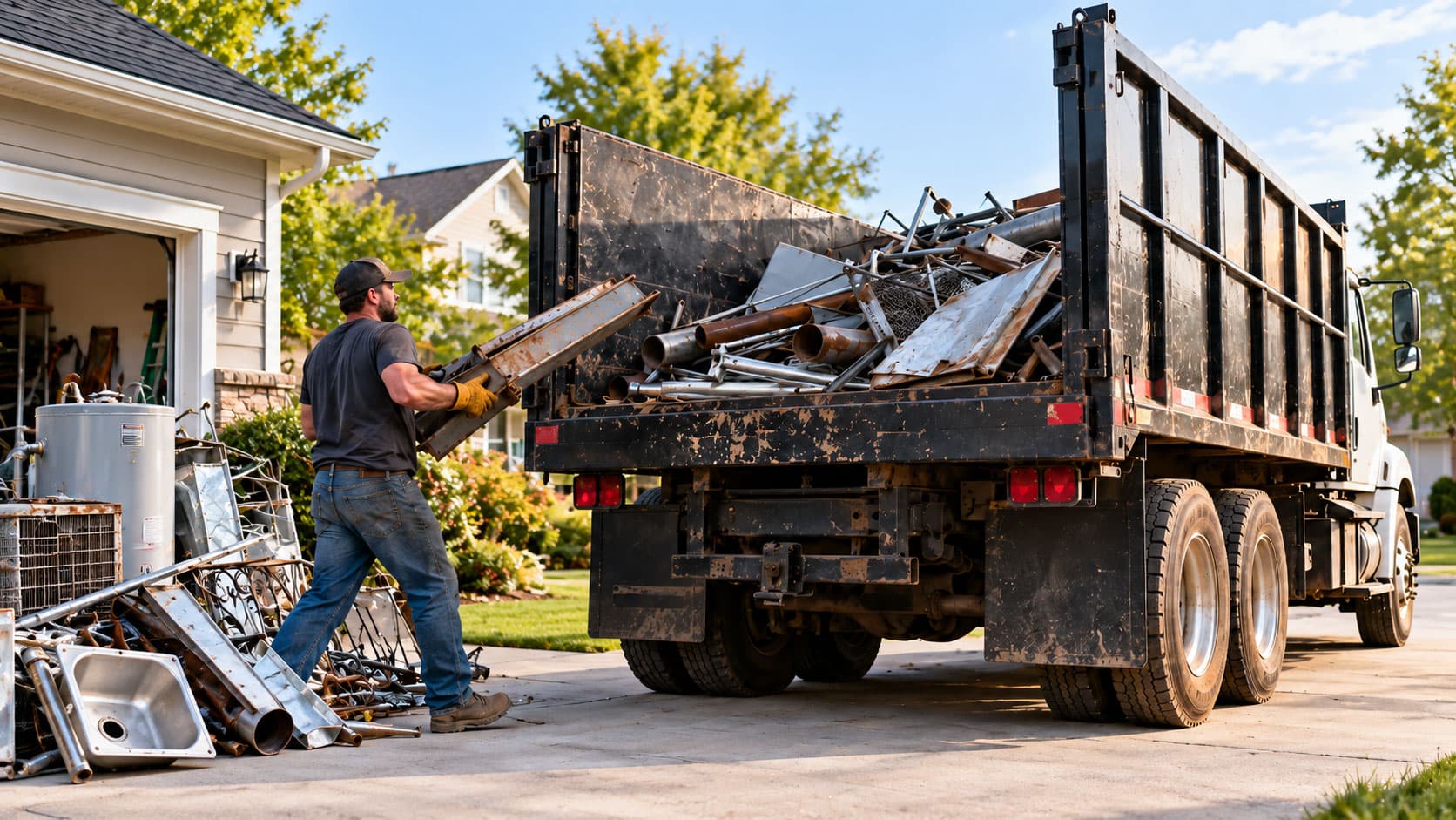 A pickup truck loaded with scrap metal, old appliances and steel pipe